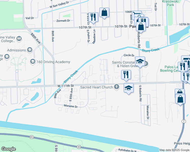 map of restaurants, bars, coffee shops, grocery stores, and more near 11033 South 84th Avenue in Palos Hills