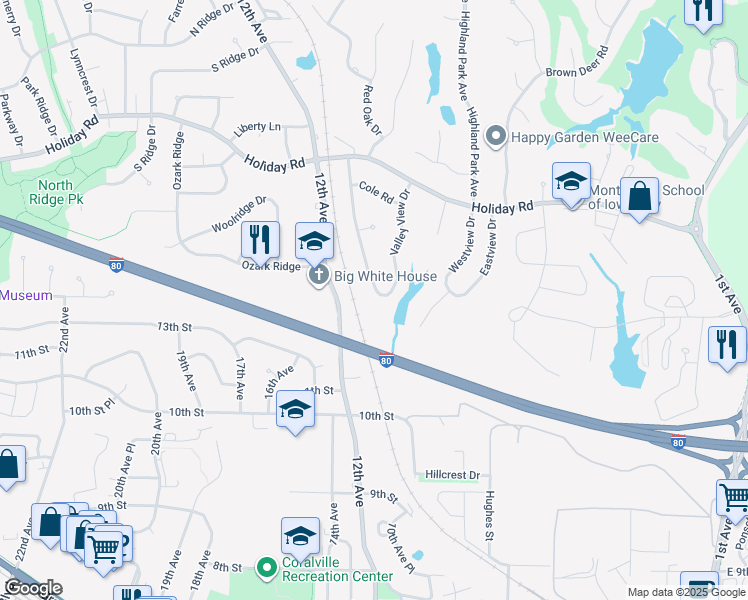 map of restaurants, bars, coffee shops, grocery stores, and more near 1461 Valley View Drive in Coralville