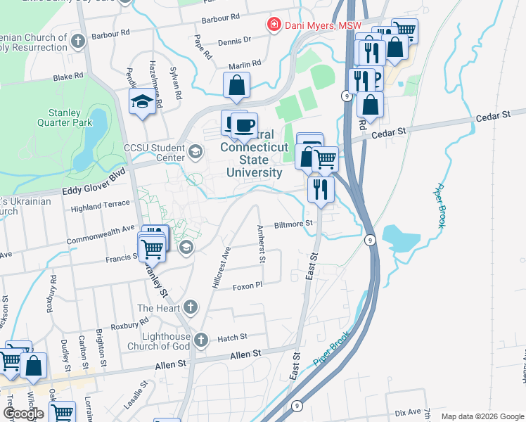 map of restaurants, bars, coffee shops, grocery stores, and more near 241 Amherst Street in New Britain