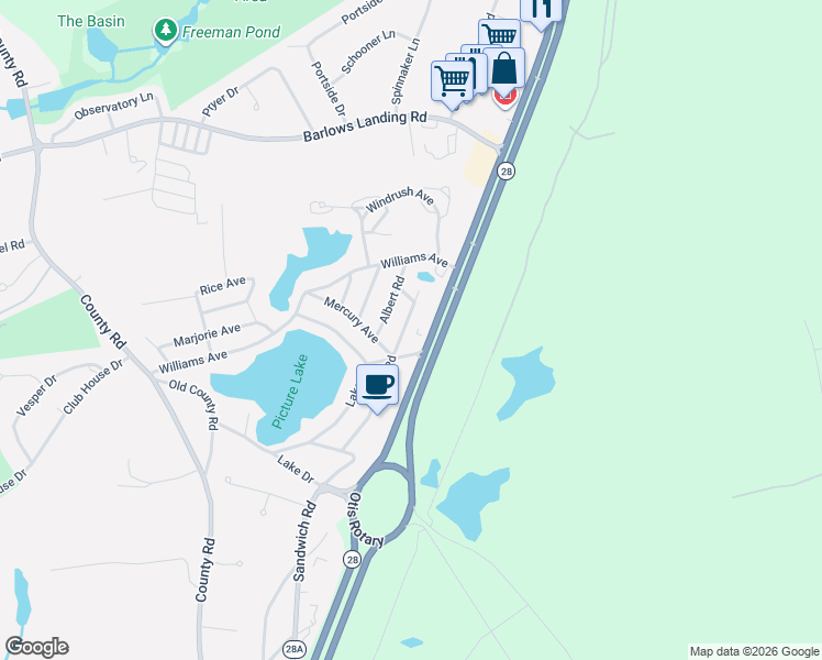 map of restaurants, bars, coffee shops, grocery stores, and more near 84 Handy Road in Bourne