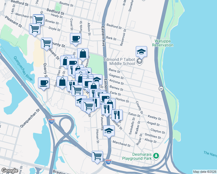map of restaurants, bars, coffee shops, grocery stores, and more near 478 U.S. 6 in Fall River