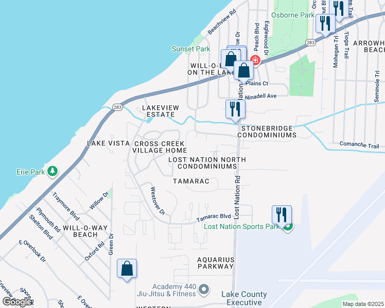 map of restaurants, bars, coffee shops, grocery stores, and more near 38325 North Lane in Willoughby