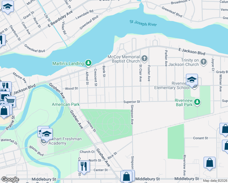map of restaurants, bars, coffee shops, grocery stores, and more near 188 Manor Avenue in Elkhart