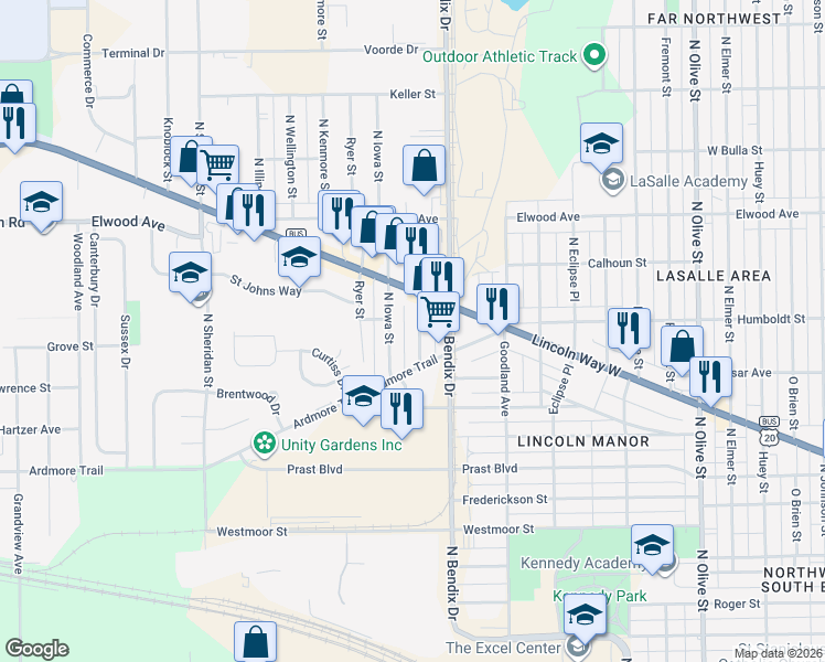 map of restaurants, bars, coffee shops, grocery stores, and more near 1101-1299 N Kentucky St in South Bend