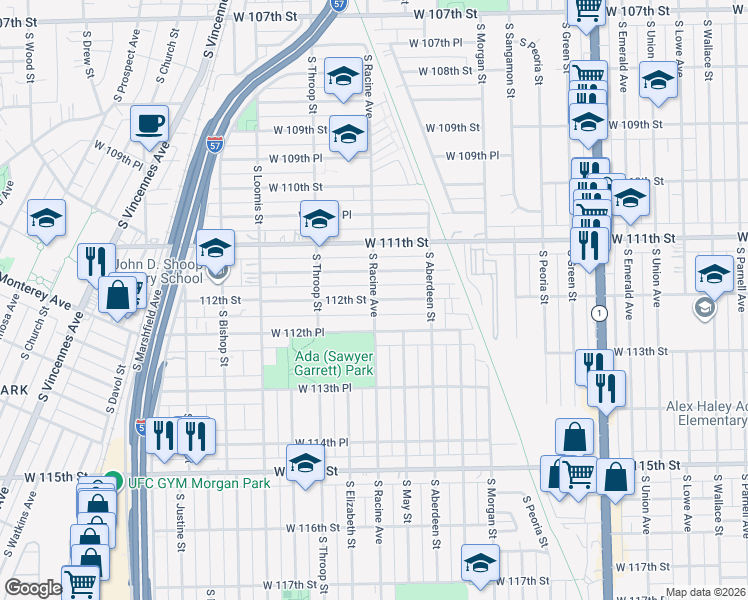 map of restaurants, bars, coffee shops, grocery stores, and more near S Racine Ave & W 112th St in Chicago