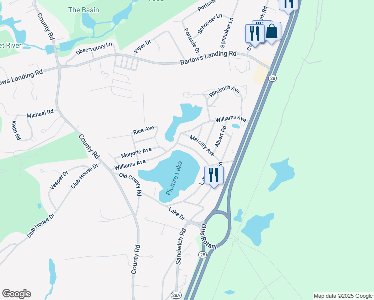 map of restaurants, bars, coffee shops, grocery stores, and more near 1 Lake Drive in Bourne