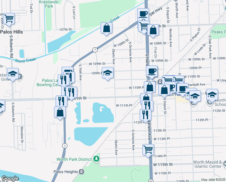 map of restaurants, bars, coffee shops, grocery stores, and more near 11000 Oketo Avenue in Worth