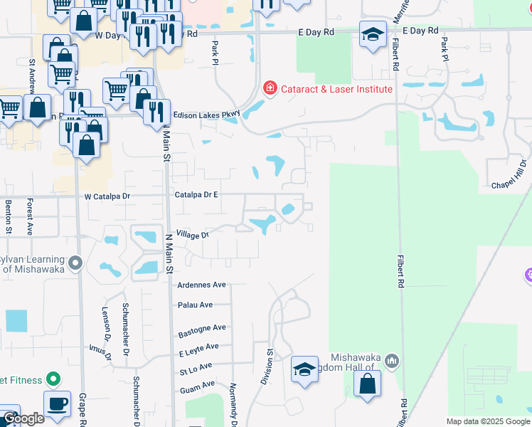 map of restaurants, bars, coffee shops, grocery stores, and more near 302 Village Drive in Mishawaka