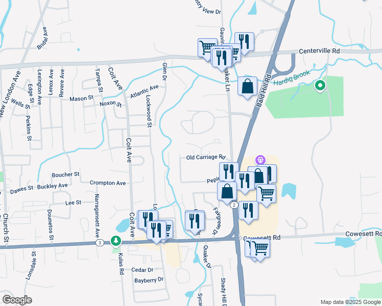 map of restaurants, bars, coffee shops, grocery stores, and more near 43 Old Carriage Road in West Warwick