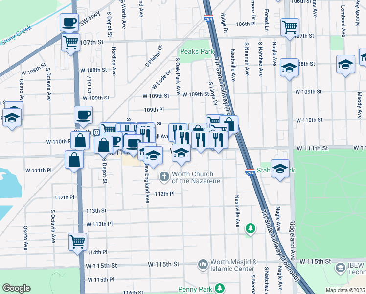 map of restaurants, bars, coffee shops, grocery stores, and more near 6805 West Crandall Avenue in Worth