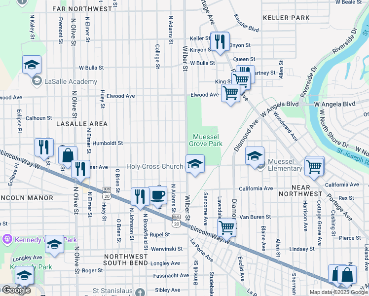 map of restaurants, bars, coffee shops, grocery stores, and more near 1141 Wilber Street in South Bend