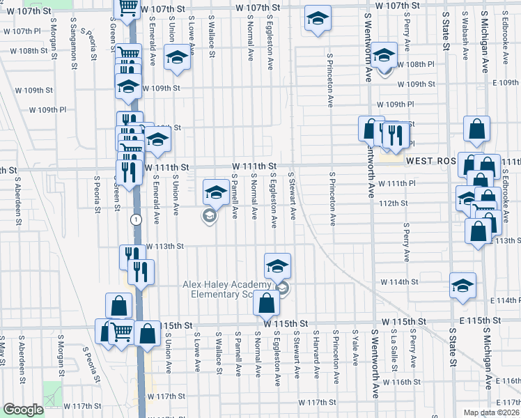 map of restaurants, bars, coffee shops, grocery stores, and more near 11153 South Normal Avenue in Chicago