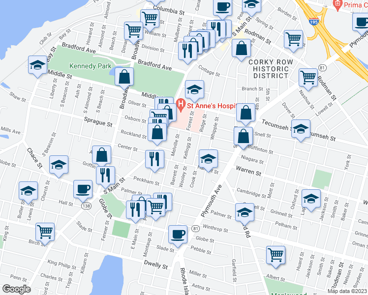 map of restaurants, bars, coffee shops, grocery stores, and more near 79 Kellogg Street in Fall River
