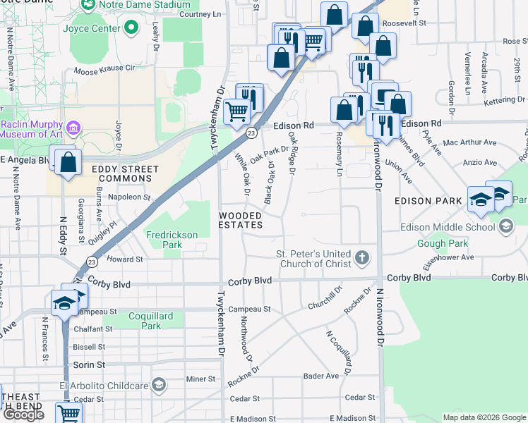 map of restaurants, bars, coffee shops, grocery stores, and more near 1707 Scottswood Drive in South Bend