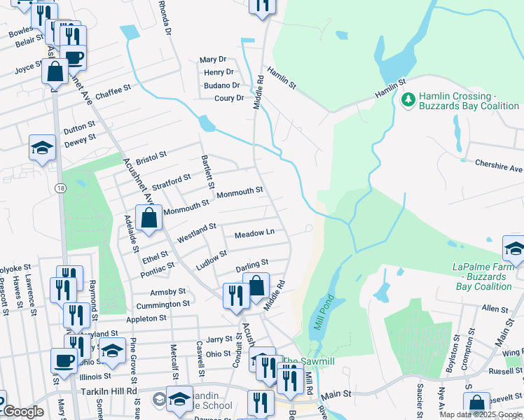 map of restaurants, bars, coffee shops, grocery stores, and more near 2 Elwood Lane in Acushnet