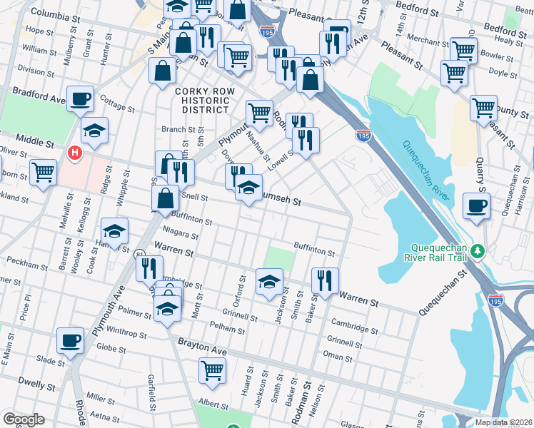 map of restaurants, bars, coffee shops, grocery stores, and more near 296 Snell Street in Fall River