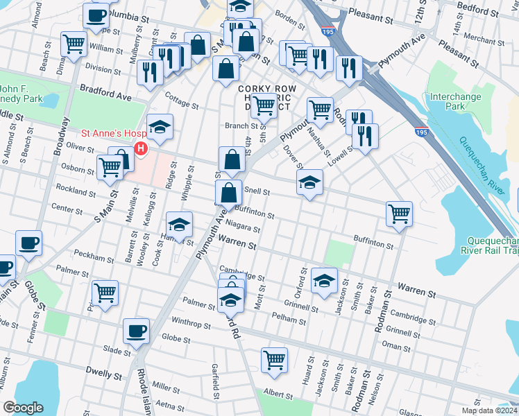 map of restaurants, bars, coffee shops, grocery stores, and more near 22 Lenox Street in Fall River