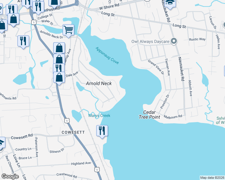 map of restaurants, bars, coffee shops, grocery stores, and more near 49 Arnolds Neck Drive in Warwick