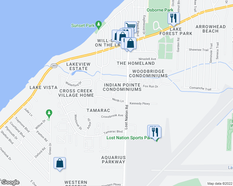 map of restaurants, bars, coffee shops, grocery stores, and more near 1344 Indian Pointe Drive in Willoughby