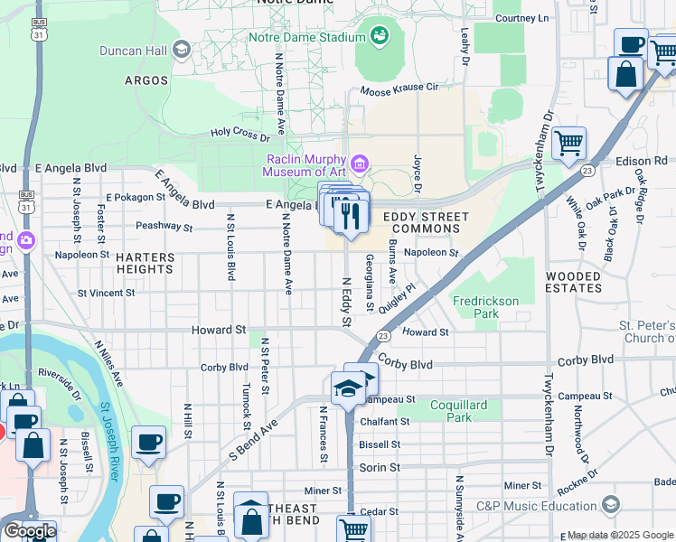 map of restaurants, bars, coffee shops, grocery stores, and more near 1233 North Eddy Street in South Bend