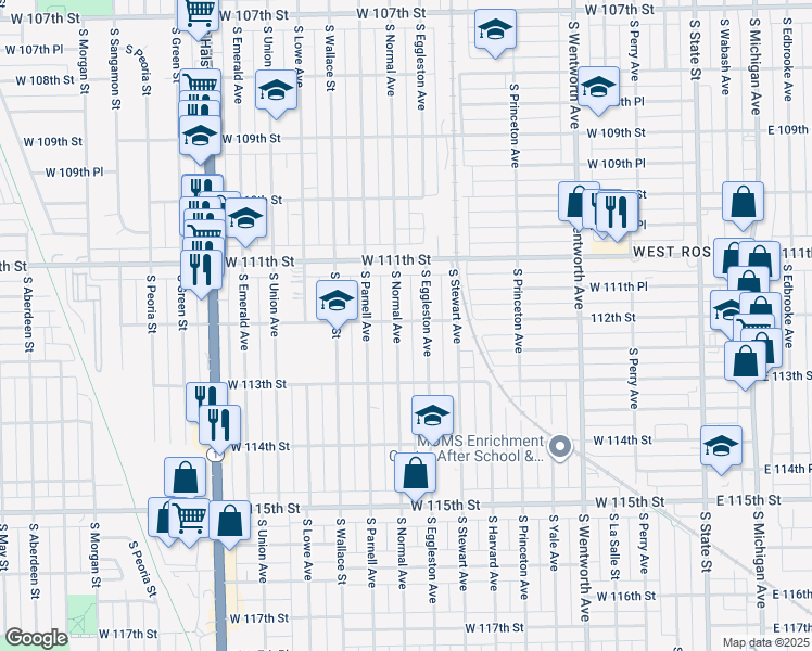 map of restaurants, bars, coffee shops, grocery stores, and more near 11153 South Normal Avenue in Chicago