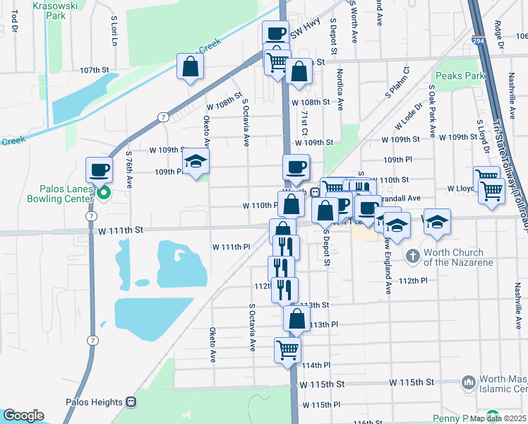 map of restaurants, bars, coffee shops, grocery stores, and more near 7254 West 110th Place in Worth