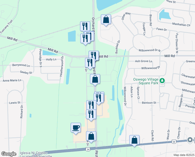 map of restaurants, bars, coffee shops, grocery stores, and more near 2521 Orchard Road in Oswego