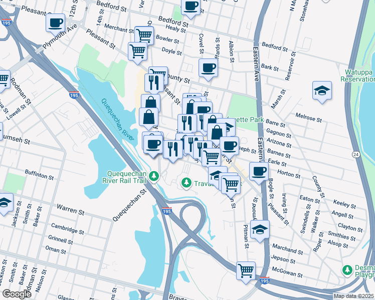 map of restaurants, bars, coffee shops, grocery stores, and more near 281 Harrison Street in Fall River