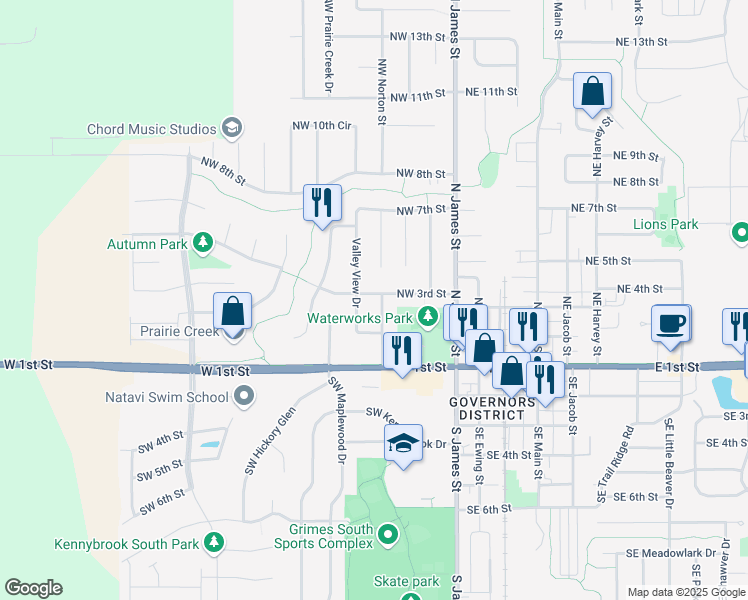 map of restaurants, bars, coffee shops, grocery stores, and more near 402 Northwest 3rd Street in Grimes