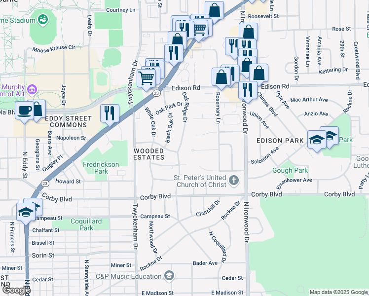 map of restaurants, bars, coffee shops, grocery stores, and more near 1210 Oak Ridge Drive in South Bend
