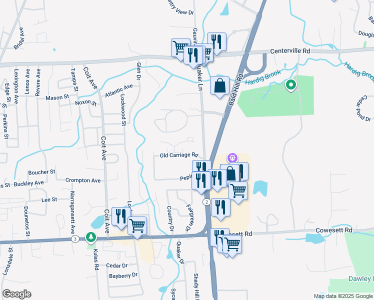 map of restaurants, bars, coffee shops, grocery stores, and more near 19 Old Carriage Road in West Warwick