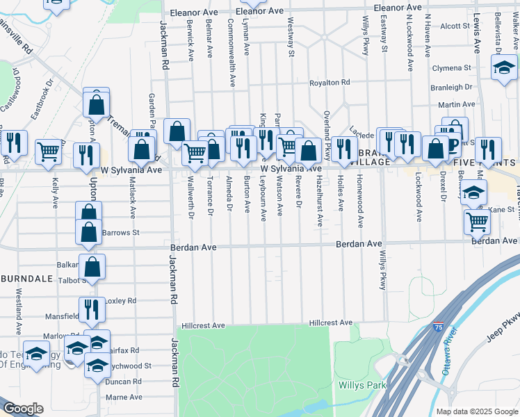 map of restaurants, bars, coffee shops, grocery stores, and more near 3901 Leybourn Avenue in Toledo