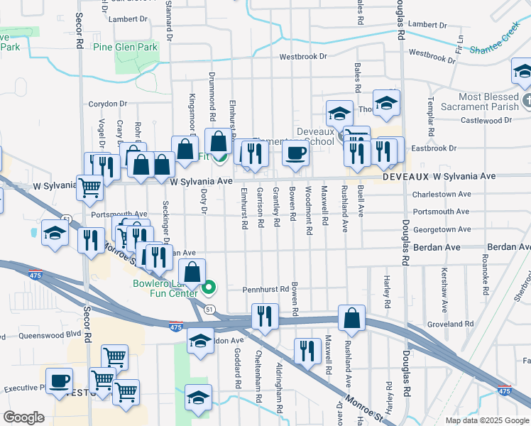 map of restaurants, bars, coffee shops, grocery stores, and more near 3920 Grantley Road in Toledo