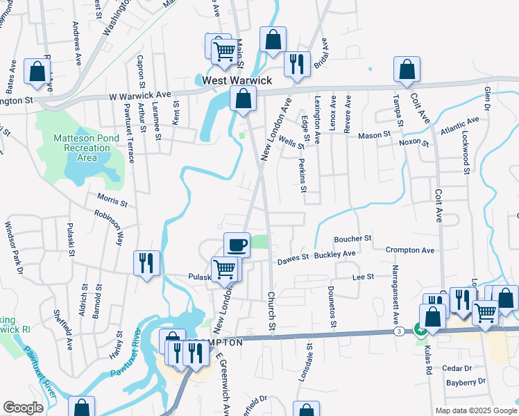 map of restaurants, bars, coffee shops, grocery stores, and more near 10 Machowski Street in West Warwick