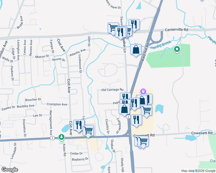 map of restaurants, bars, coffee shops, grocery stores, and more near 21 Old Carriage Road in West Warwick