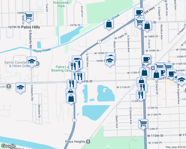 map of restaurants, bars, coffee shops, grocery stores, and more near 11023 South 76th Avenue in Worth