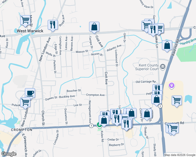 map of restaurants, bars, coffee shops, grocery stores, and more near 100 Hamilton Street in West Warwick