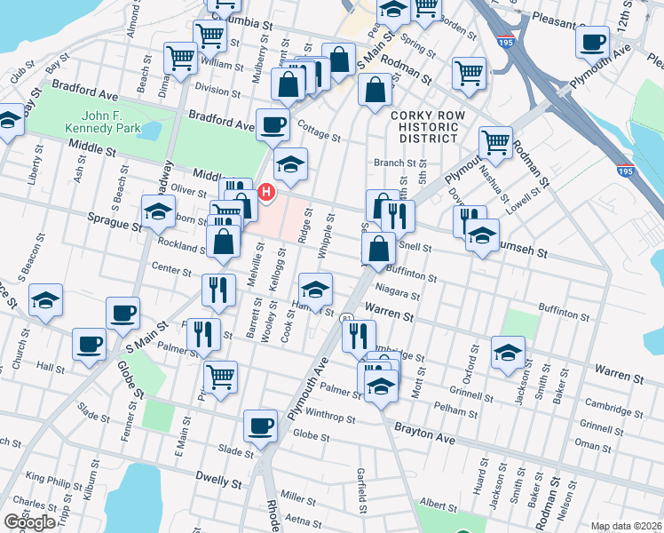 map of restaurants, bars, coffee shops, grocery stores, and more near 457 Whipple Street in Fall River