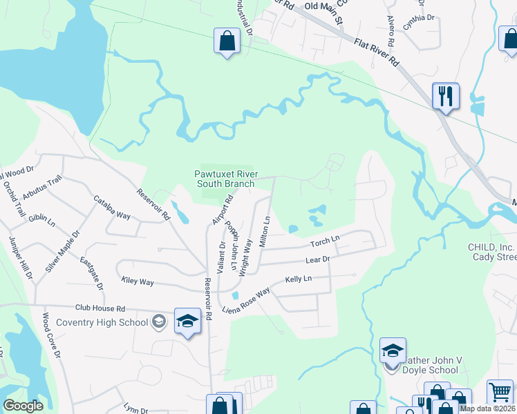 map of restaurants, bars, coffee shops, grocery stores, and more near 89 Wright Way in Coventry