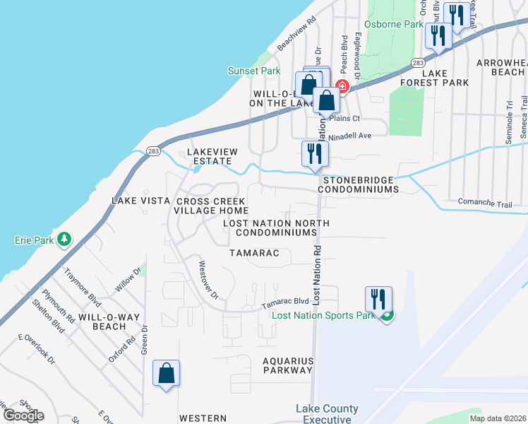 map of restaurants, bars, coffee shops, grocery stores, and more near 38365 North Lane in Willoughby