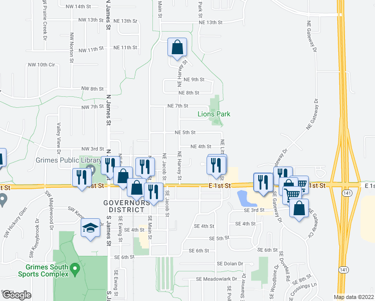 map of restaurants, bars, coffee shops, grocery stores, and more near 604 Northeast 4th Street in Grimes