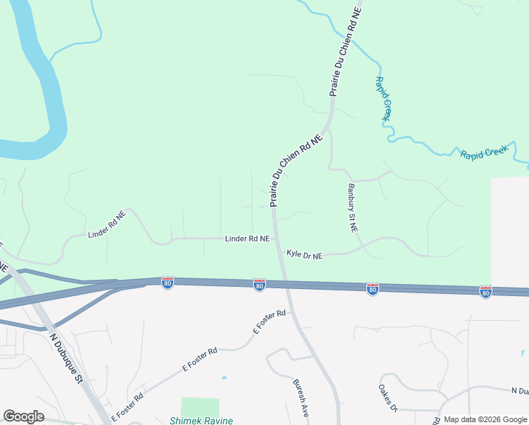 map of restaurants, bars, coffee shops, grocery stores, and more near 2155 Prairie Du Chien Road Northeast in Iowa City