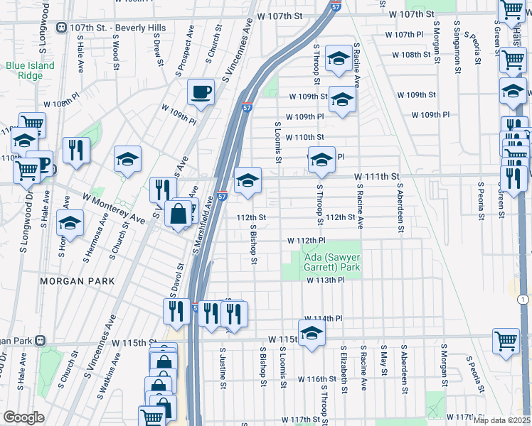 map of restaurants, bars, coffee shops, grocery stores, and more near 1418 West 112th Street in Chicago