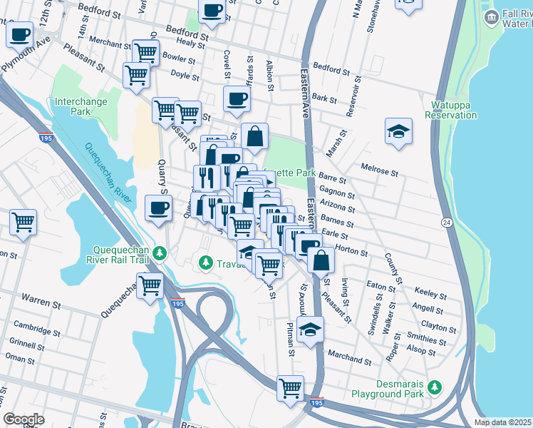 map of restaurants, bars, coffee shops, grocery stores, and more near 59 Saint Joseph Street in Fall River