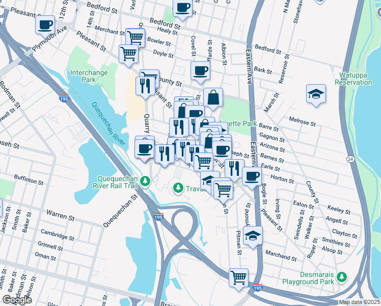 map of restaurants, bars, coffee shops, grocery stores, and more near 256 Flint Street in Fall River