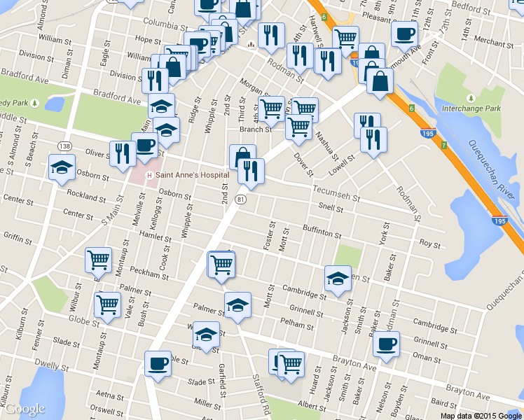 map of restaurants, bars, coffee shops, grocery stores, and more near 22 Lenox Street in Fall River