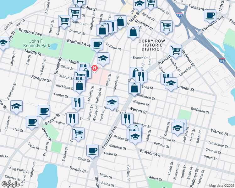 map of restaurants, bars, coffee shops, grocery stores, and more near 457 Whipple Street in Fall River