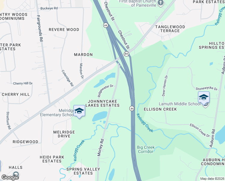 map of restaurants, bars, coffee shops, grocery stores, and more near 10610 Ridgewater Drive in Painesville