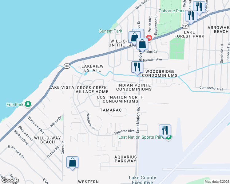 map of restaurants, bars, coffee shops, grocery stores, and more near 1317 Beech Street in Willoughby