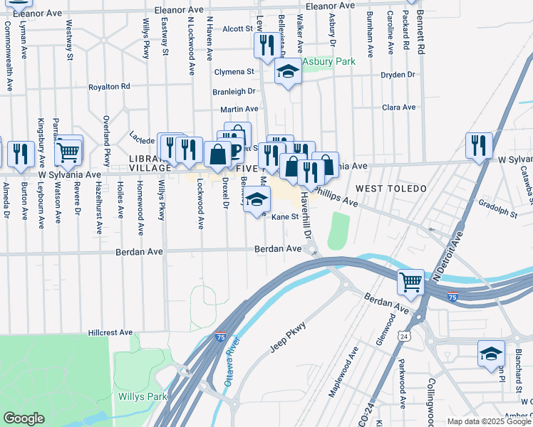 map of restaurants, bars, coffee shops, grocery stores, and more near 946 Kane Street in Toledo
